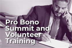 [ai] A man in a suit sitting at a table while writing notes on a notepad. He is talking on a phone, with office furniture visible in the background. The text "Pro Bono Summit and Volunteer Training" overlays the image.